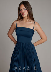 Azazie Mariana Dark Navy A-Line Pleated Stretch Satin Dress dark_navy