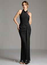 Azazie Raevynn Black Mermaid Pleated Premium Stretch Jersey Dress