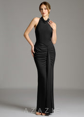 Azazie Raevynn Black Mermaid Pleated Premium Stretch Jersey Dress