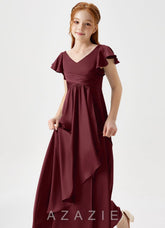 Azazie Omari Junior Cabernet A-Line Pleated Stretch Satin Dress