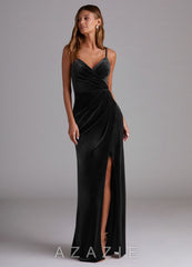 Azazie Maci Black Sheath Pleated Velvet Dress black