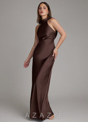 Azazie Dimitra Ganache Sheath Pleated Stretch Satin Dress ganache