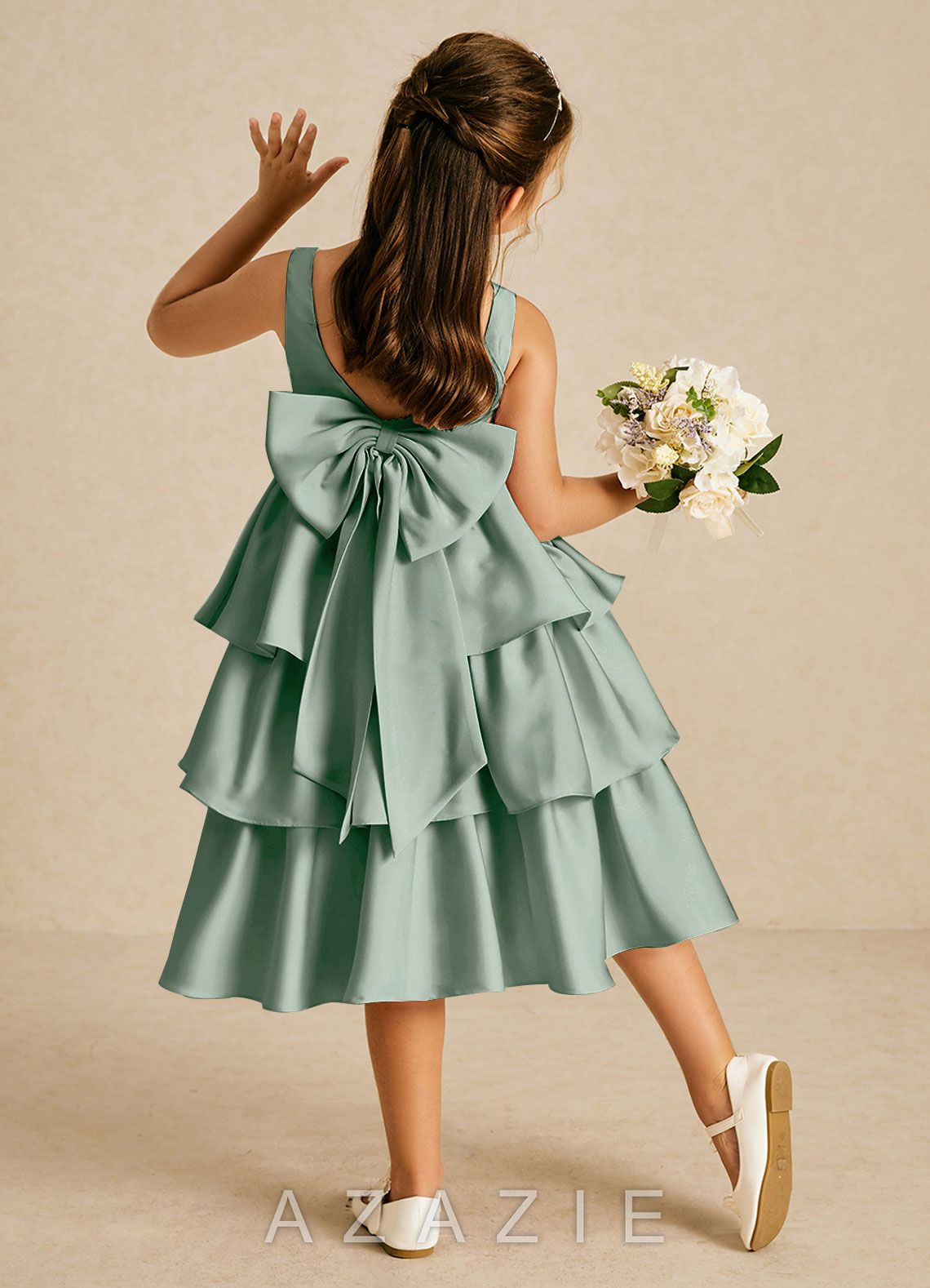 Azazie Margery Agave A-Line Bow Stretch Satin Dress