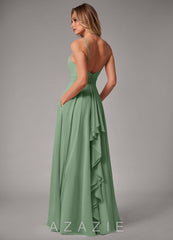 Azazie Amalia Matcha A-Line Pleated Chiffon Dress matcha