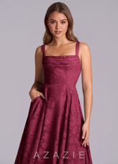 Azazie Shaude Burgundy A-Line Pleated Floral Burnout Dress burgundy