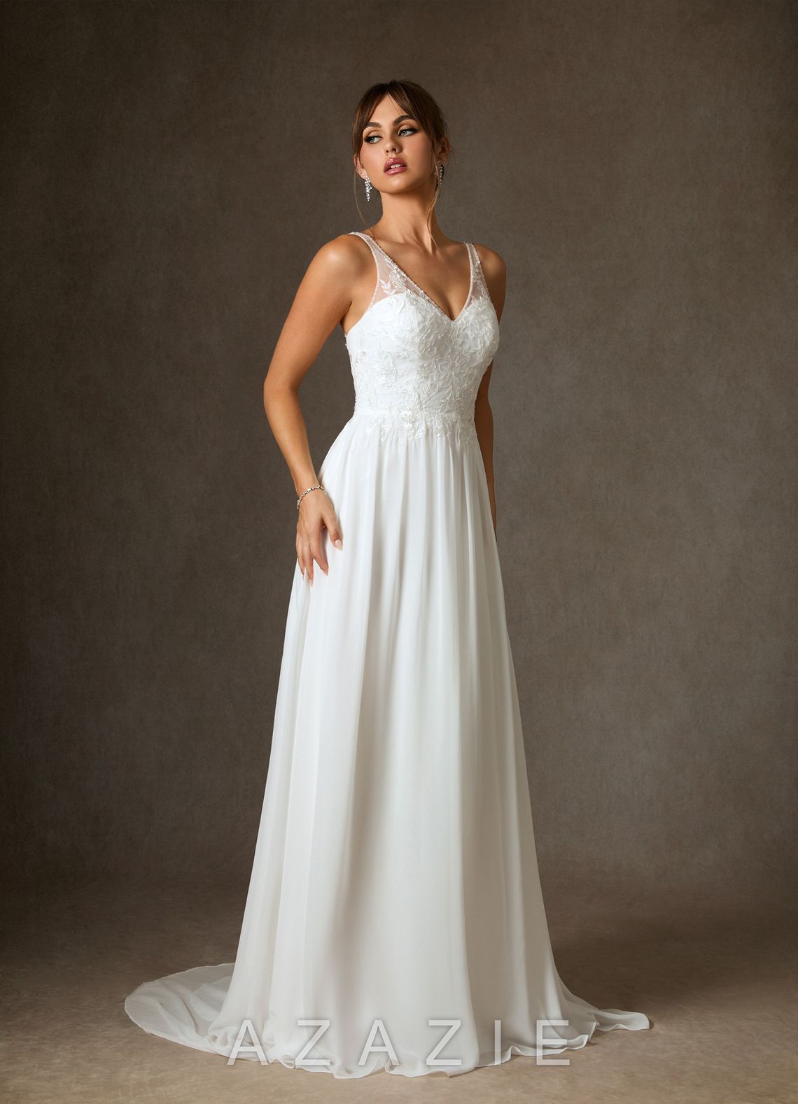 Azazie Carmella Wedding Dress Diamond White A-Line Sequins Chiffon Dress