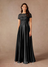 Azazie Adina Black A-Line Lace Metallic Satin Dress