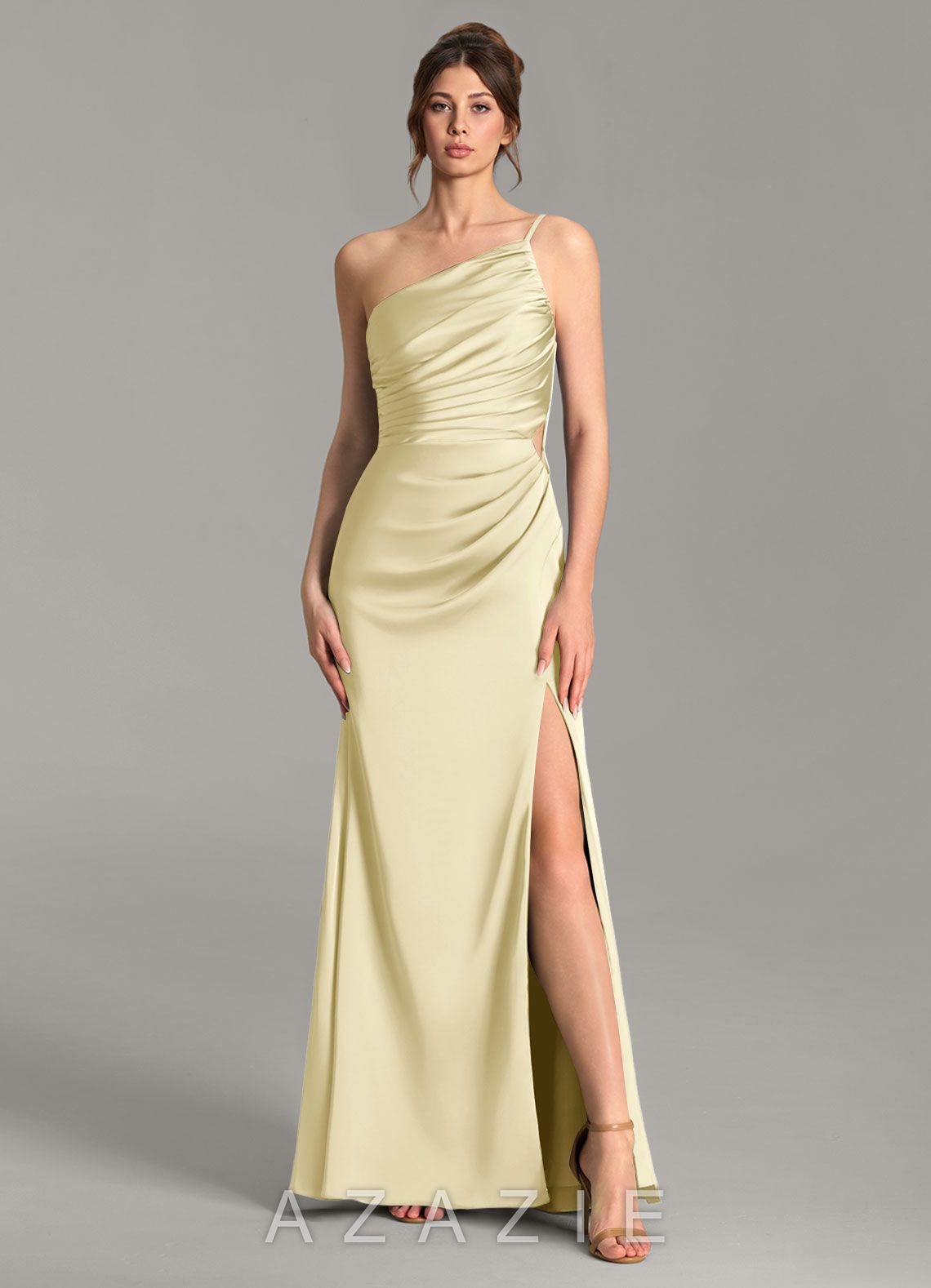 Azazie Hudsyn Lemon Sorbet Mermaid One Shoulder Stretch Satin Dress