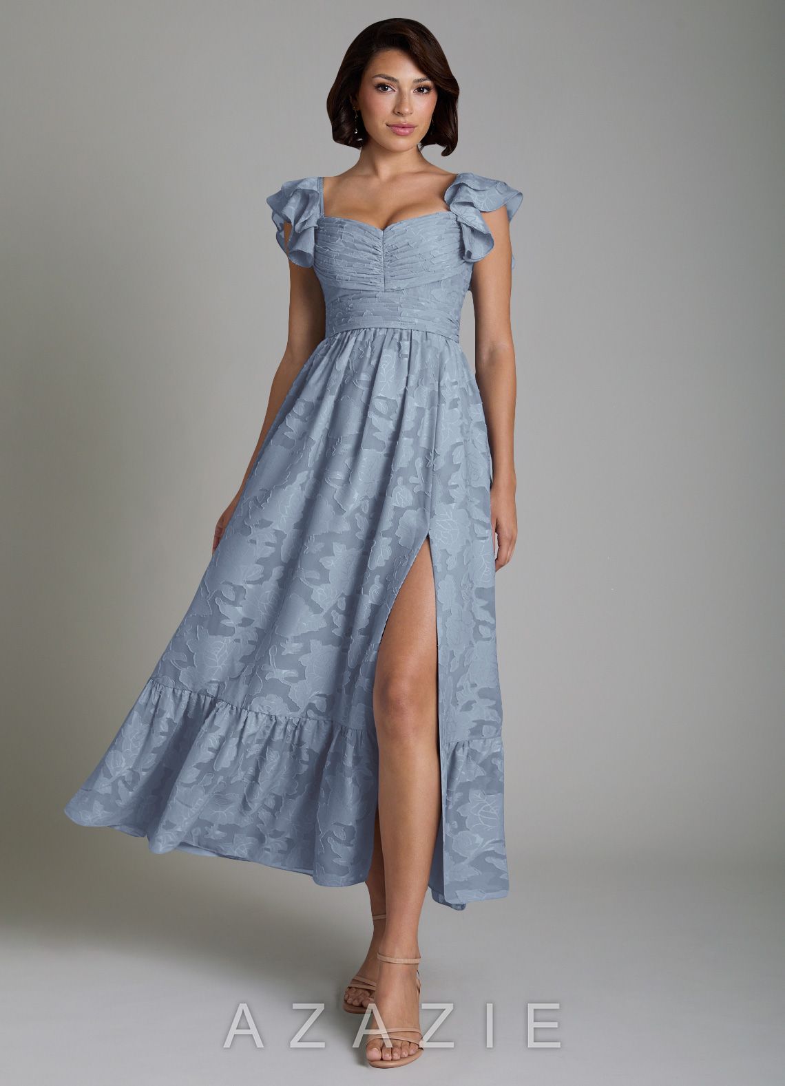 Azazie Anaya Dusty Blue A-Line Ruched Floral Burnout Dress