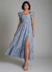 Azazie Anaya Dusty Blue A-Line Ruched Floral Burnout Dress
