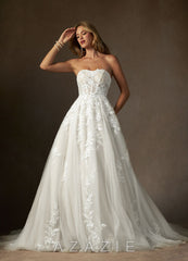 Azazie Keri Diamond White Ball-Gown Strapless Lace Dress