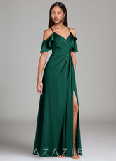 Azazie Dakota Emerald A-Line Off the Shoulder Stretch Satin Dress