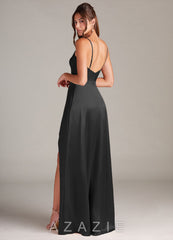 Azazie Sarella Black A-Line with Pockets Metallic Satin Dress black