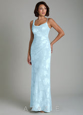 Azazie Xara Sky Blue Sheath Pleated Floral Jacquard Burnout Dress