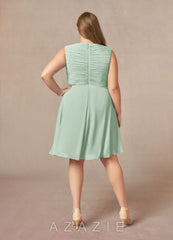 Azazie Theron Agave A-Line V-Neck Pleated Chiffon Dress agave
