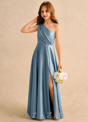 Azazie Puddles Girls Formal Dusty Blue A-Line One Shoulder Stretch Satin Dress dusty_blue