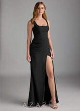 Azazie Mero Black Sheath Pleated Chiffon Dress