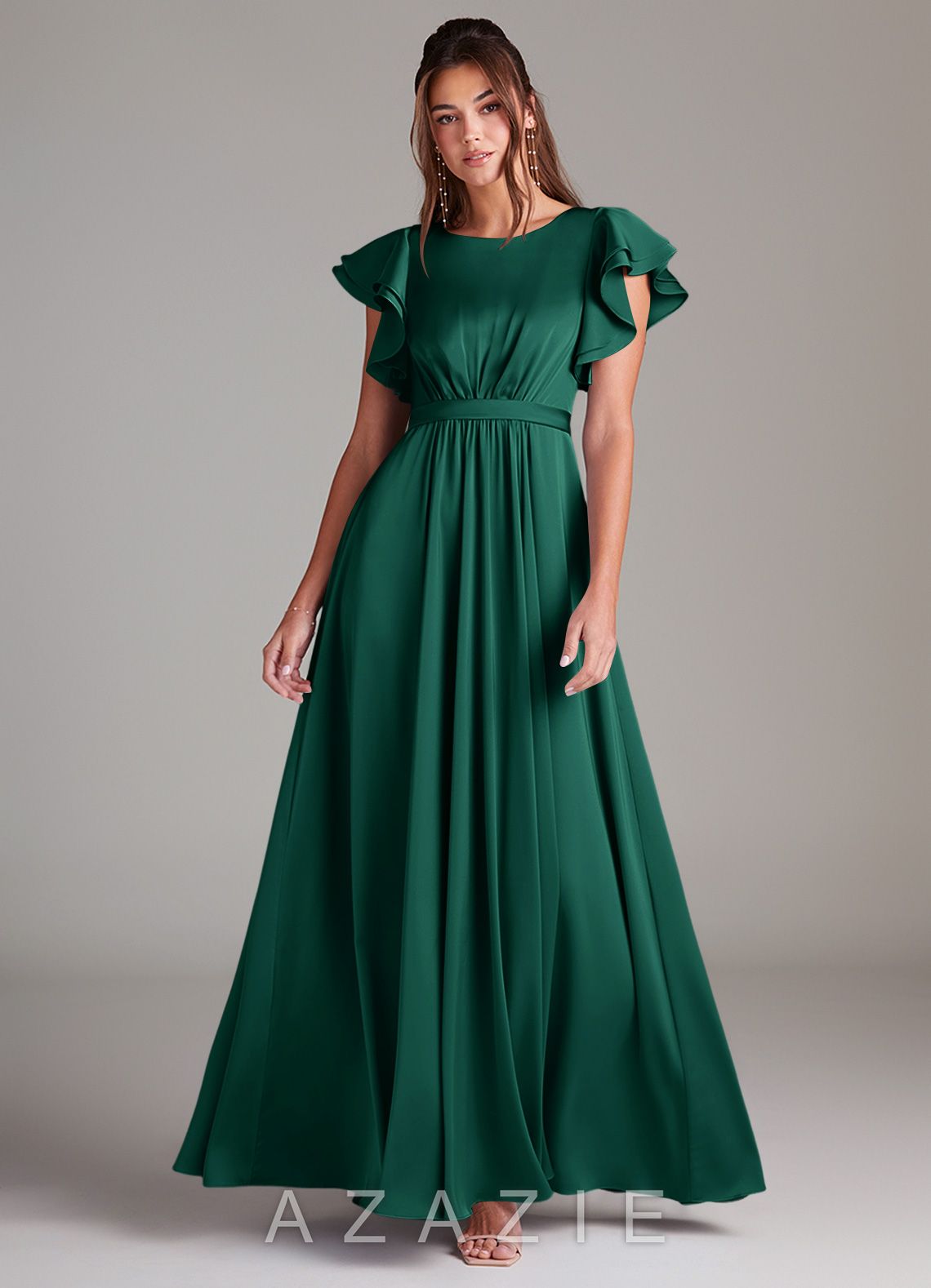 Azazie Daphne A-Line Ruched Stretch Satin Floor-Length Dress