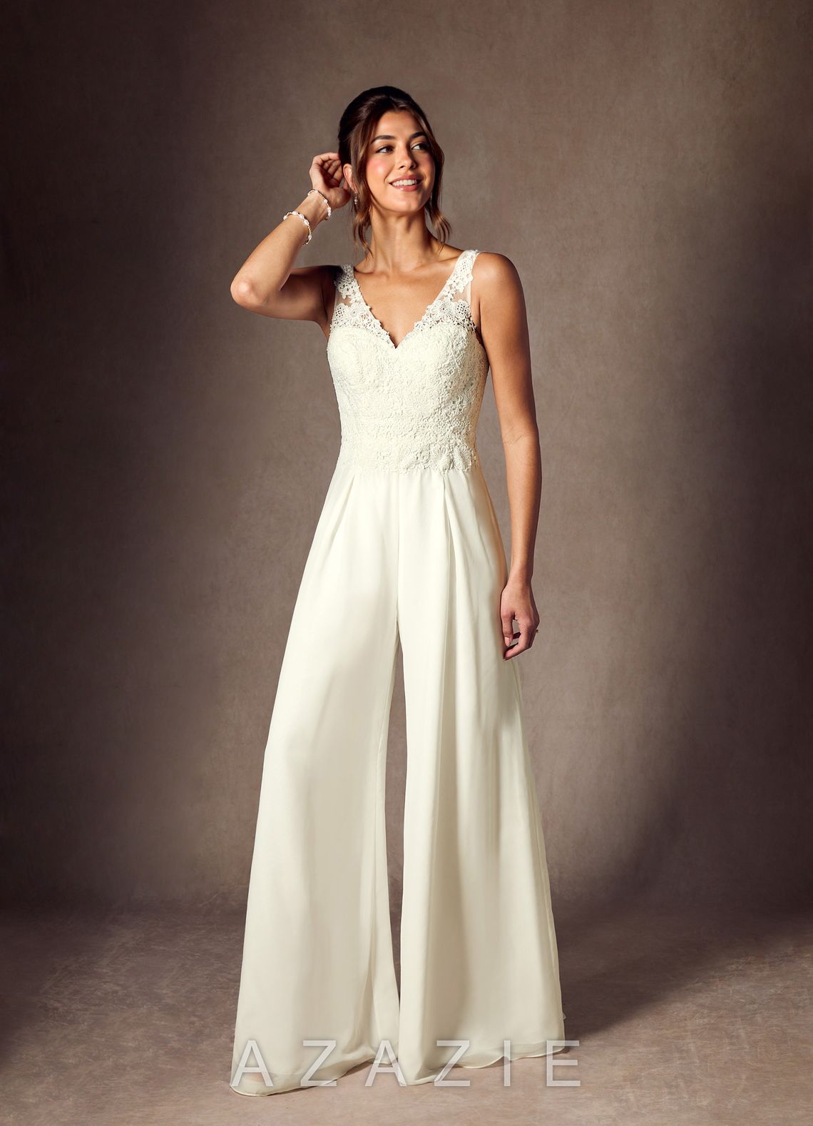 Azazie Florine Wedding Dress Cream Pant Styles V-Neck Lace Chiffon Dress