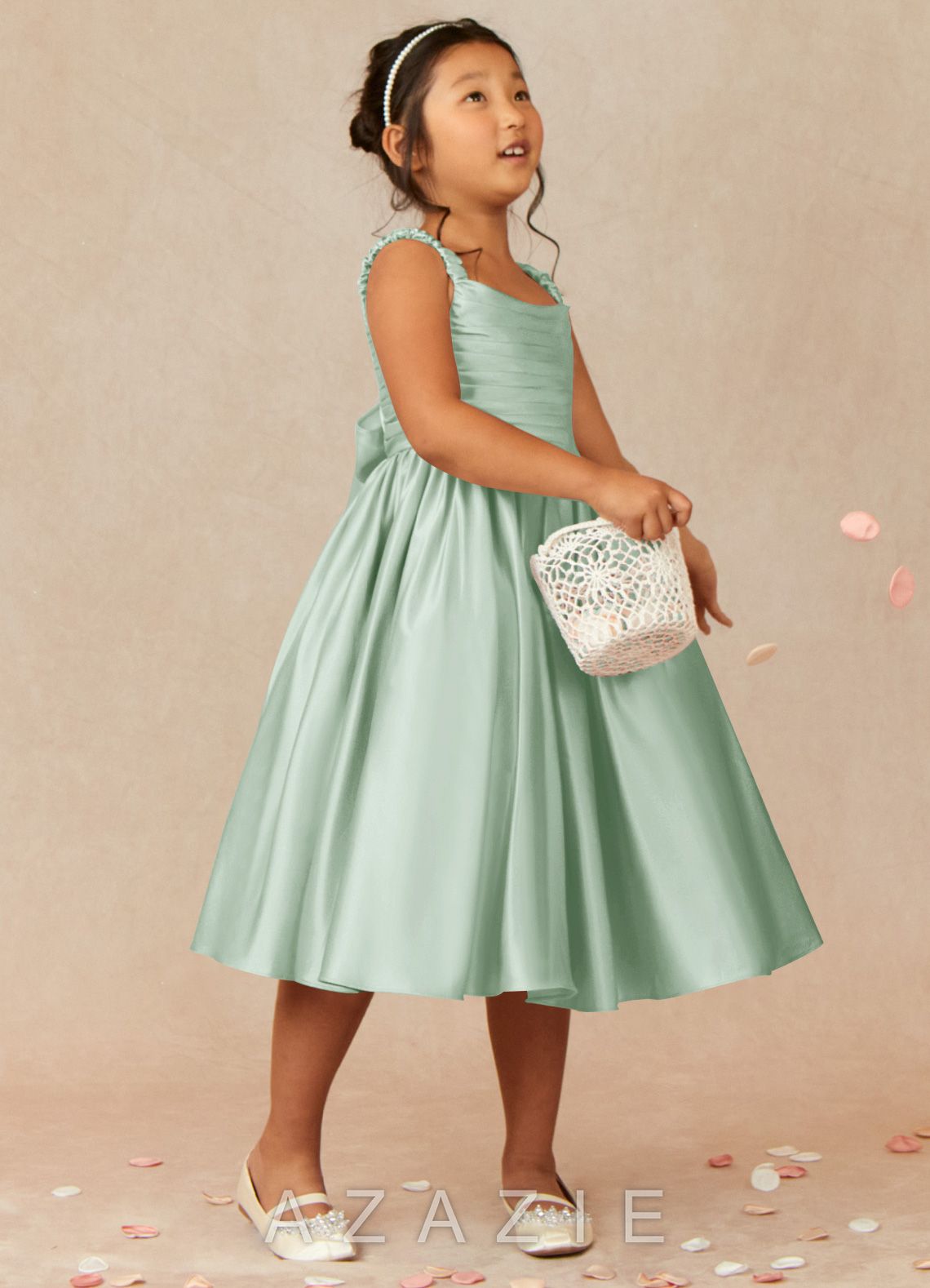 Azazie Cutie Pie Agave A-Line Pleated Matte Satin Dress