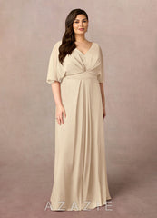 Azazie Oksana Champagne A-Line V-Neck Pleated Chiffon Dress champagne