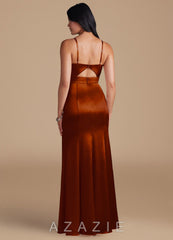 Azazie Shania Auburn Sheath Pleated Metallic Satin Dress auburn