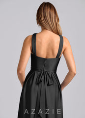 Azazie Dixie Black A-Line Pleated Stretch Satin Dress black