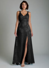 Azazie Aria Black A-Line Pleated Floral Jacquard Burnout Dress