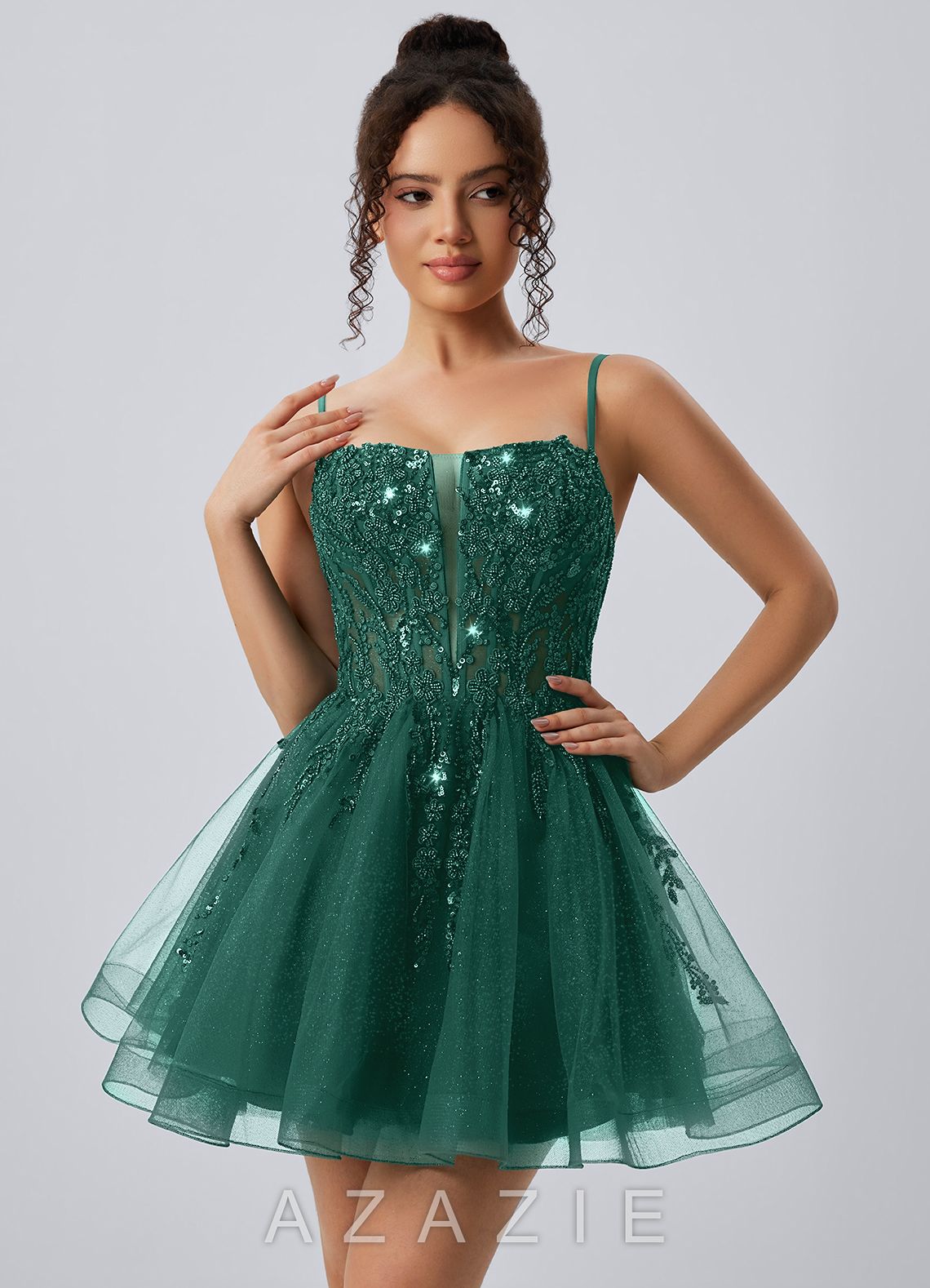 Odette Dark Green Spaghetti Strap Sequin Tulle Lace-Up Skater Mini Dress