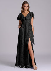 Azazie Lainey Black A-Line with Pockets Floral Burnout Dress black