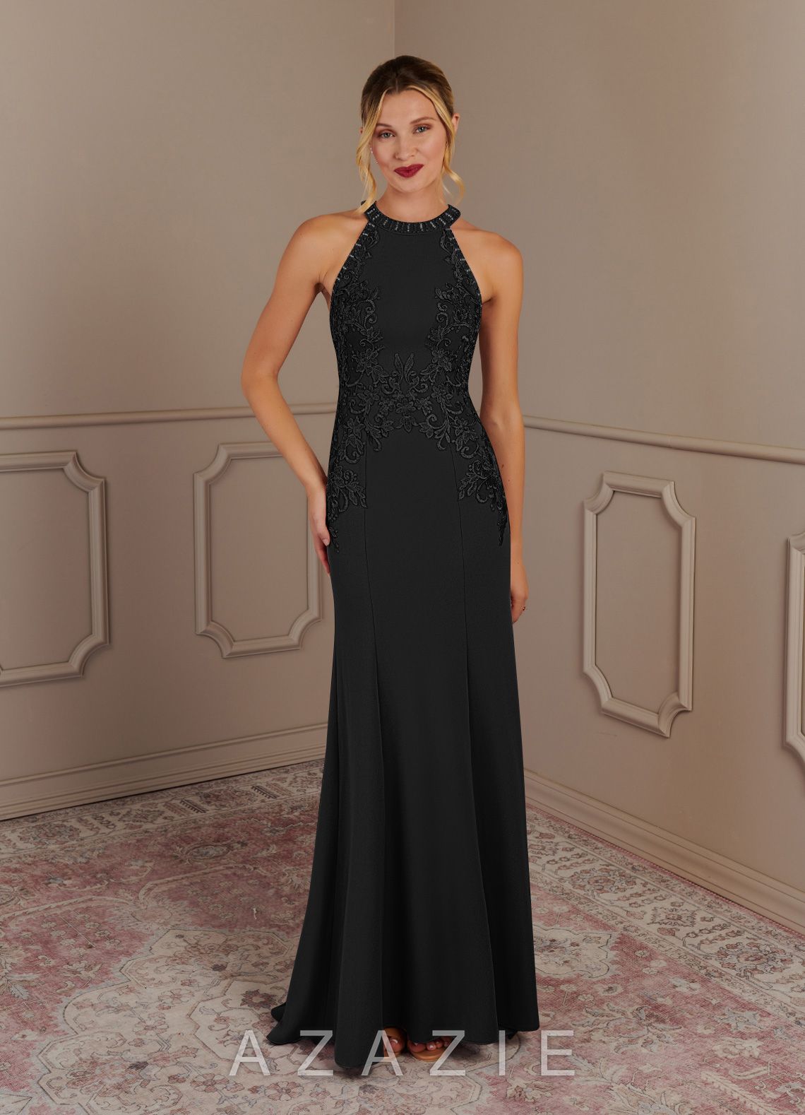 Azazie Tyra Black Mermaid Halter Lace Stretch Crepe Dress