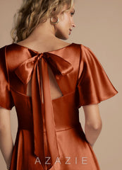 Azazie Kimber Auburn A-Line Ruched Metallic Satin Dress auburn