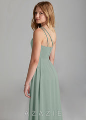Azazie Maron Junior Agave A-Line Pleated Stretch Satin Dress agave