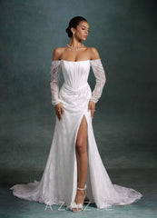 Azazie Zelda Diamond White Mermaid Side Slit Lace Dress diamond_white