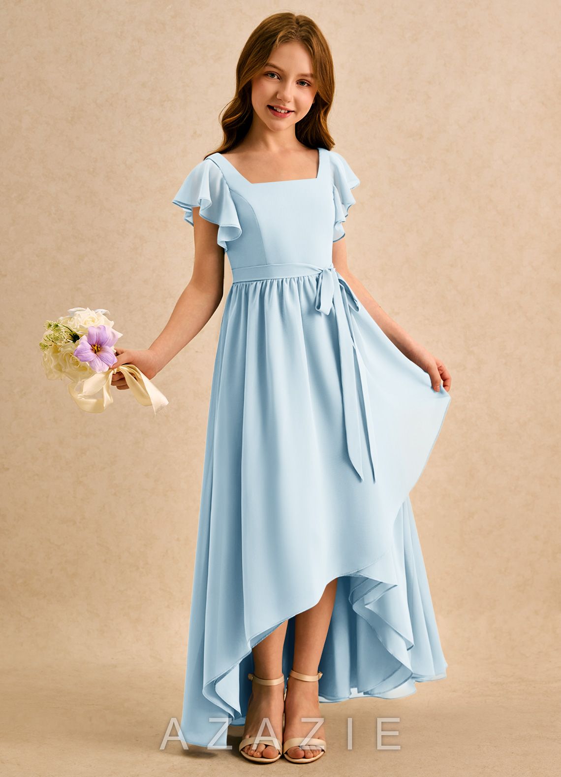 Azazie Milly Girls Formal Sky Blue A-Line Pleated Chiffon Dress