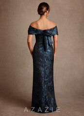 Azazie Zion Dark Navy Sheath Off the Shoulder Floral Jacquard Dress dark_navy