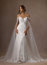 Azazie Leonie Wedding Dress Diamond White Mermaid V-Neck Sequins Tulle Dress