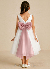 Azazie Kavi Ivory Dusty Rose A-Line Bow Matte Satin Dress