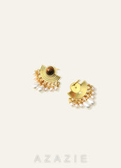 Tiger Eye & Freshwater Pearl Fan Drop Earrings gold