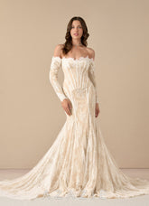 Azazie Katherine Wedding Dress Diamond White Champagne Mermaid Off the Shoulder Tulle Dress