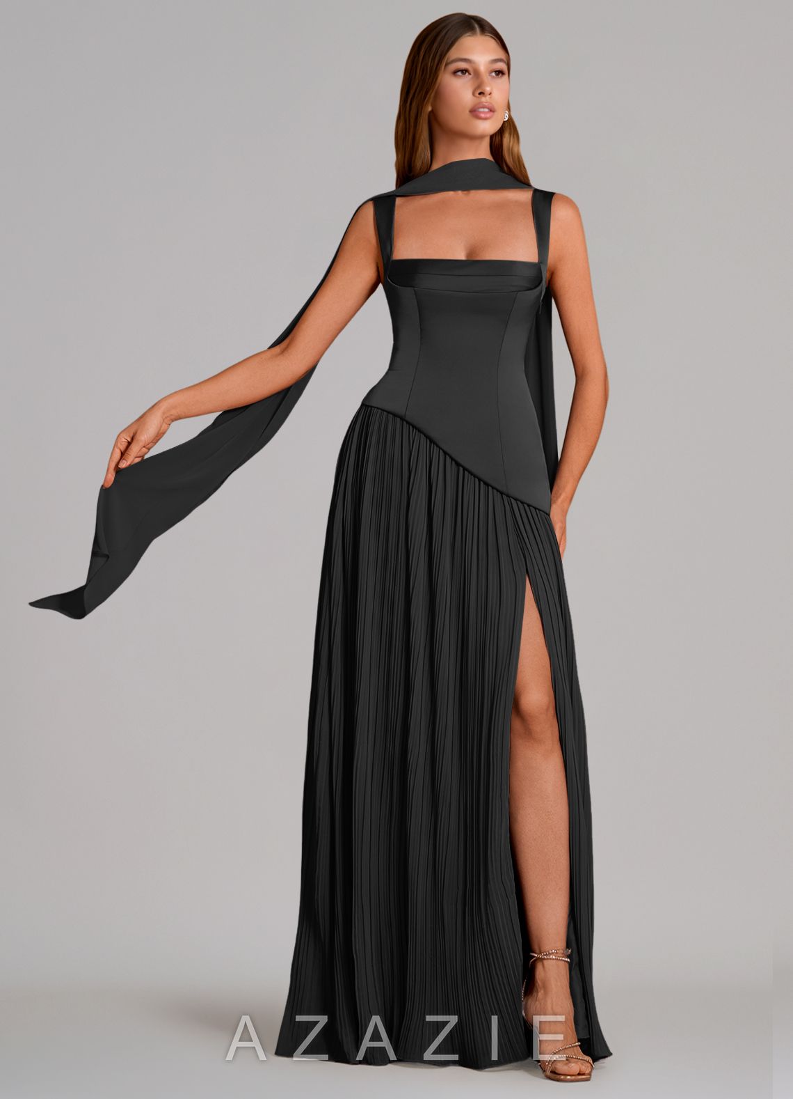 Azazie Stephanie Black A-Line Pleated Stretch Satin Dress