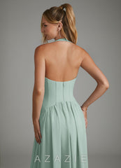 Azazie Alicia Agave A-Line Pleated Chiffon Dress agave