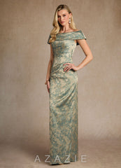 Azazie Kenosha Platinum Teal Sheath Off the Shoulder Floral Jacquard Dress platinum_teal