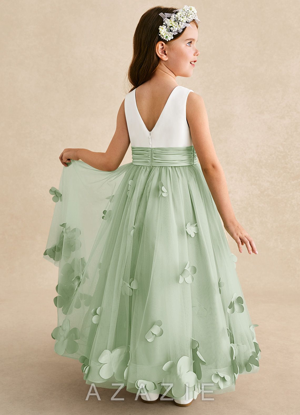 Azazie Vi Dusty Sage A-Line Sleeveless Tulle Dress