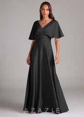 Azazie Pamela Black A-Line Pleated Stretch Satin Dress