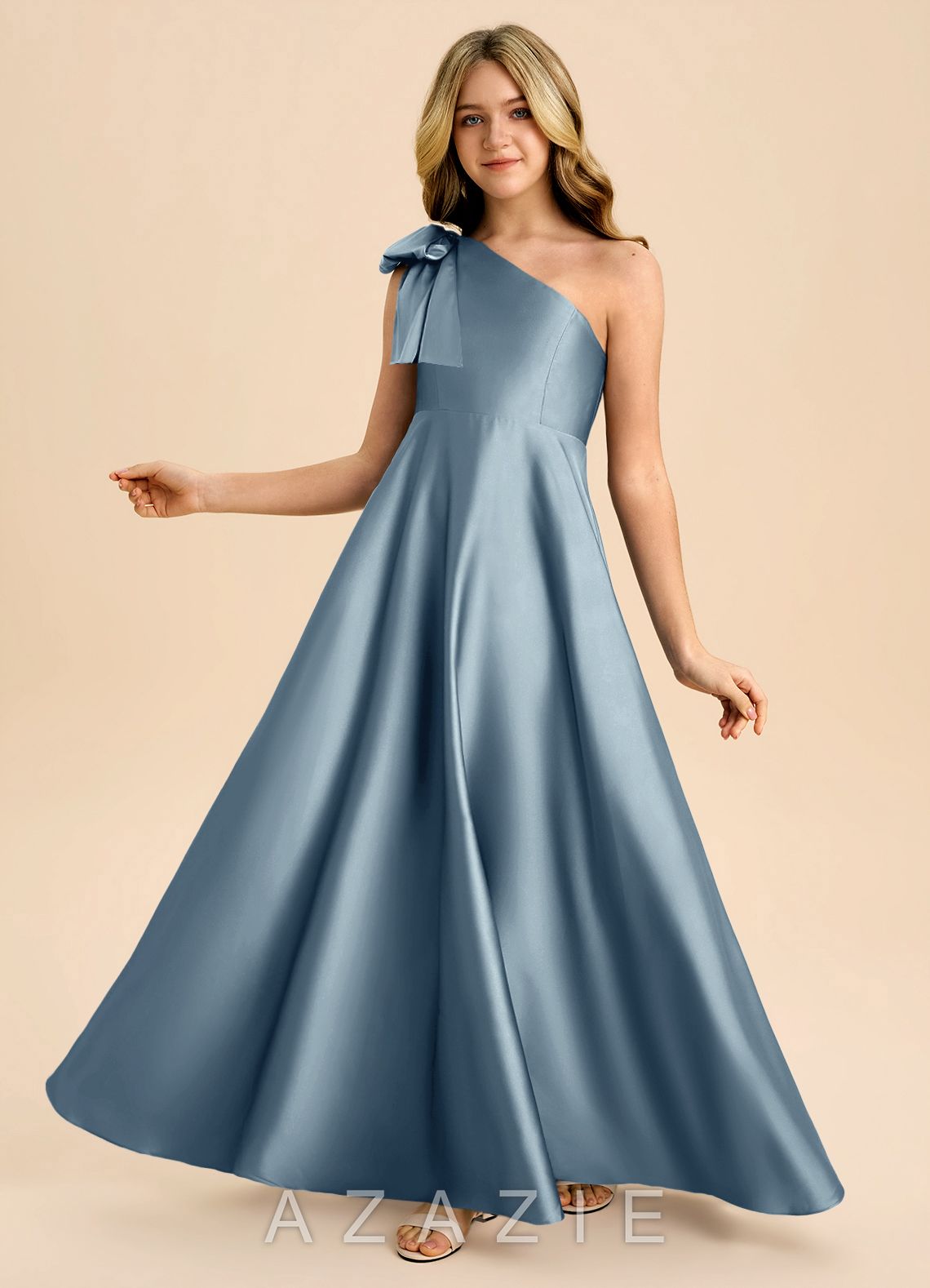 Azazie Penguin Junior Dusty Blue A-Line Bow Stretch Satin Dress