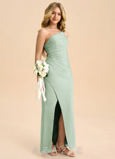 Azazie Eren Junior Agave Sheath Pleated Chiffon Dress
