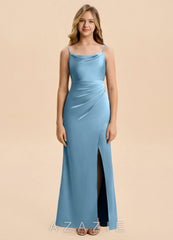 Azazie Christen Junior Steel Blue Sheath Pleated Stretch Satin Dress steel_blue