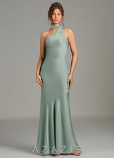 Azazie Jalissa Agave Mermaid One Shoulder Stretch Satin Dress
