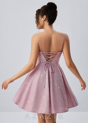 Jacinthe Pink Strapless Glitter Ruched Lace-Up Skater Mini Dress